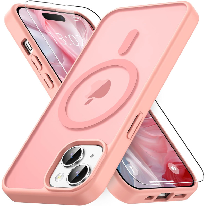 Coque Vansdon Magnétique pour iPhone 15, 1 Verre Trempé, Compatible MagSafe, Protection Militaire, Coque Mat Translucide Fine An