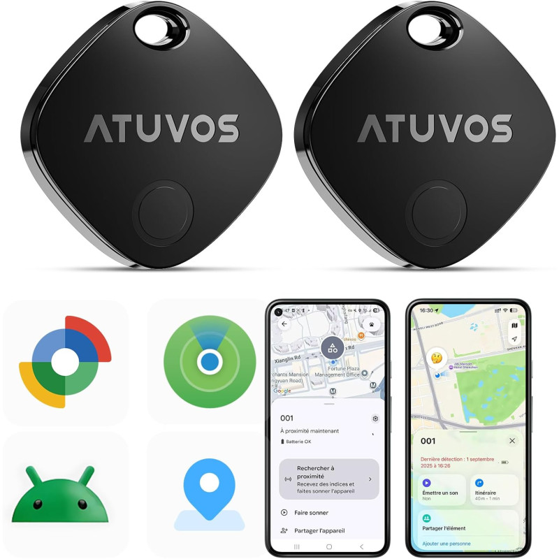 Atuvos air tag traceur lot de 2 android smart tag tracker, fonctionne avec l’app google et apple localiser, localisateurs d'obje