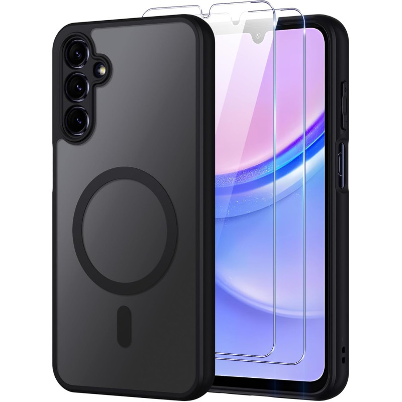 Coque pour Samsung Galaxy A15 4G/5G Compatible avec MagSafe avec 2 Verre Trempé, Magnétique Etui Translucide Mat Arrière Housse,
