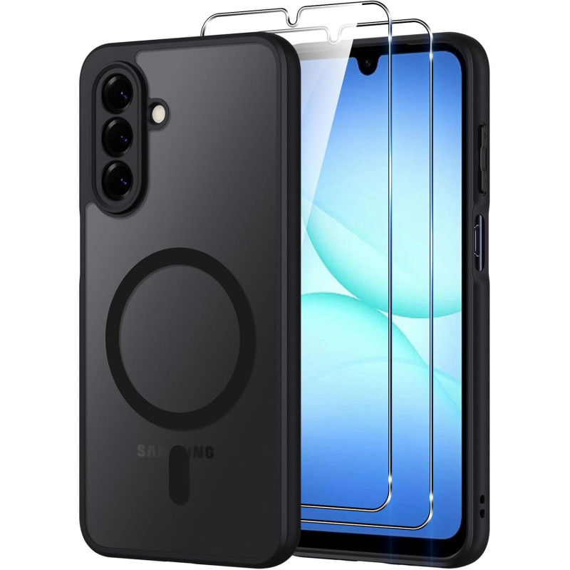 Coque pour Samsung Galaxy A17 4G/5G Compatible avec MagSafe avec 2 Verre Trempé, Magnétique Etui Translucide Mat Arrière Housse,