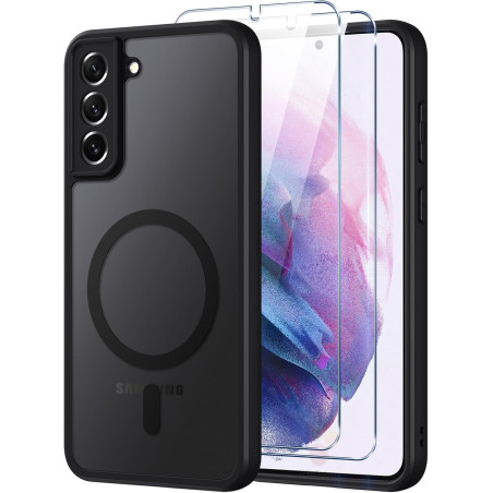 Coque pour Samsung Galaxy S21 5G Compatible avec MagSafe avec 2 Verre Trempé, Magnétique Etui Translucide Mat Arrière Housse, Pr