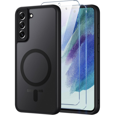pour Samsung Galaxy S21 FE 5G Coque Compatible avec MagSafe avec 2 Verre Trempé, Magnétique Etui Translucide Mat Arrière Housse,