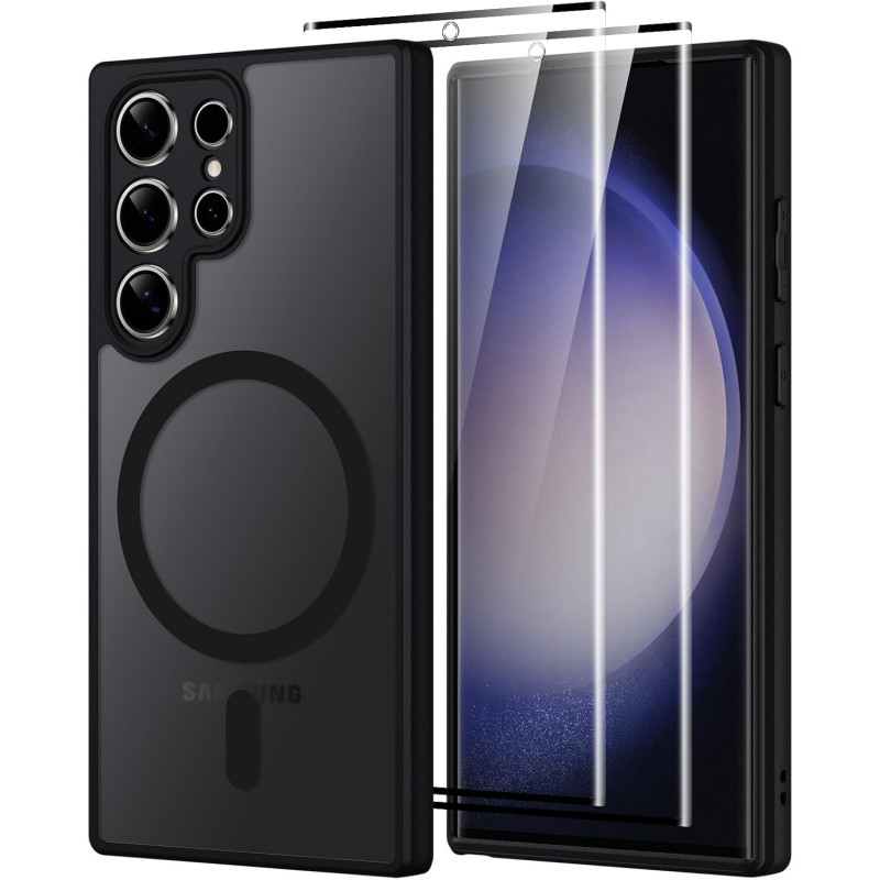 pour Samsung Galaxy S23 Ultra 5G Coque Compatible avec MagSafe avec 2 Verre Trempé, Magnétique Etui Translucide Mat Arrière Hous