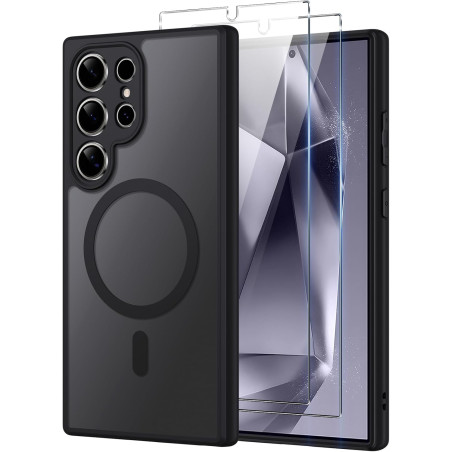 Coque pour Samsung Galaxy S24 Ultra 5G Compatible avec MagSafe avec 2 Verre Trempé, Magnétique Etui Translucide Mat Arrière Hous