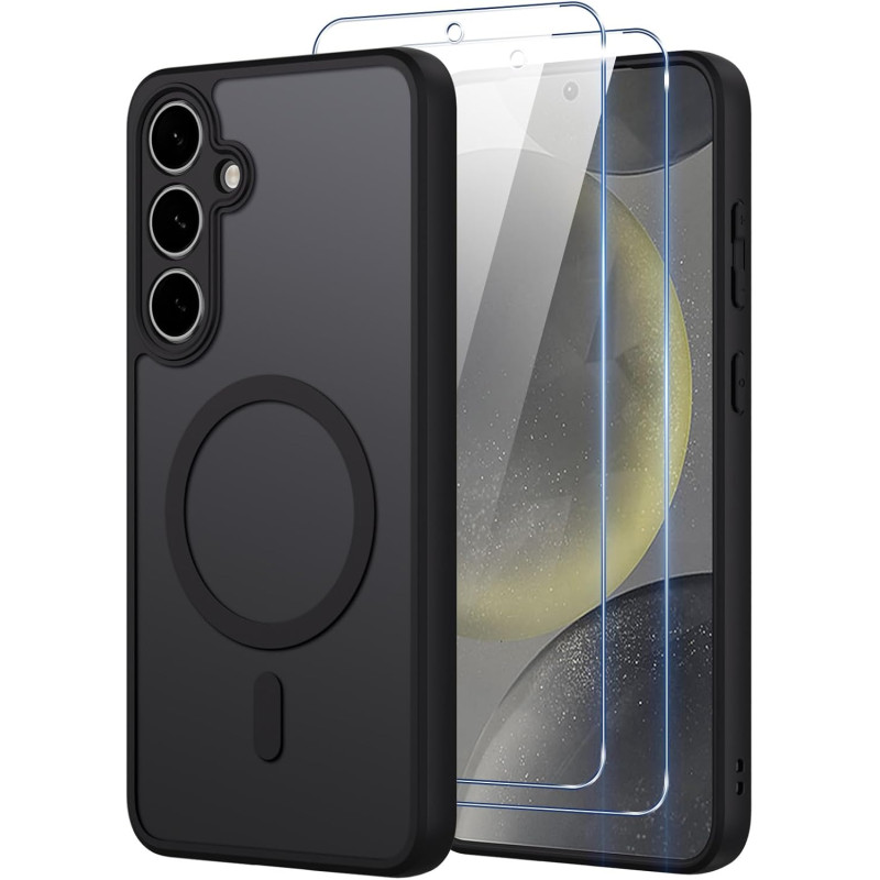 Coque pour Samsung Galaxy S24+/S24 Plus 5G Compatible avec MagSafe avec 2 Verre Trempé, Magnétique Etui Translucide Mat Arrière 