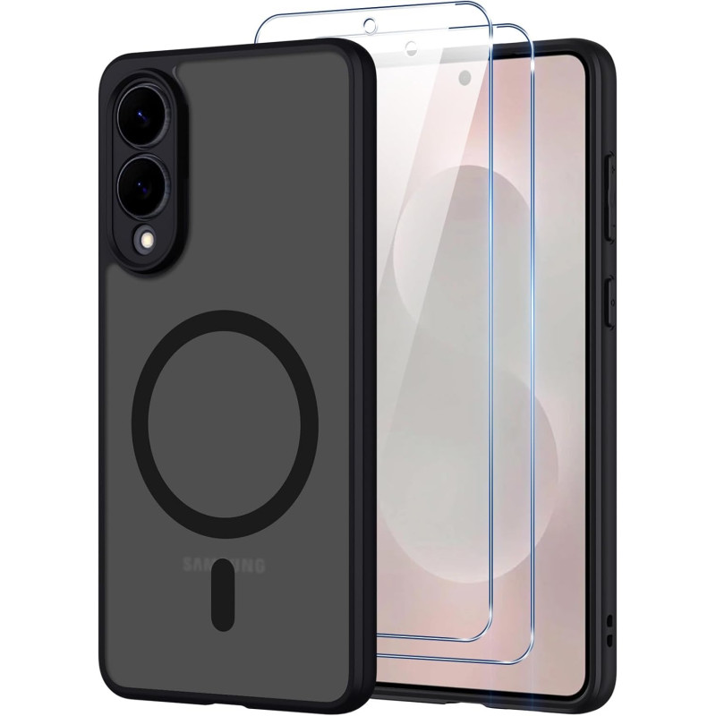 Coque pour Samsung Galaxy S25 Edge 5G Compatible avec MagSafe avec 2 Verre Trempé, Magnétique Etui Translucide Mat Arrière Houss