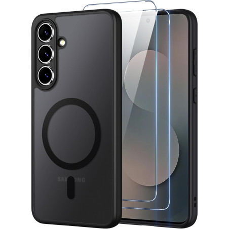 pour Samsung Galaxy S25 Fe 5G Coque Compatible avec MagSafe avec 2 Verre Trempé, Magnétique Etui Translucide Mat Arrière Housse,