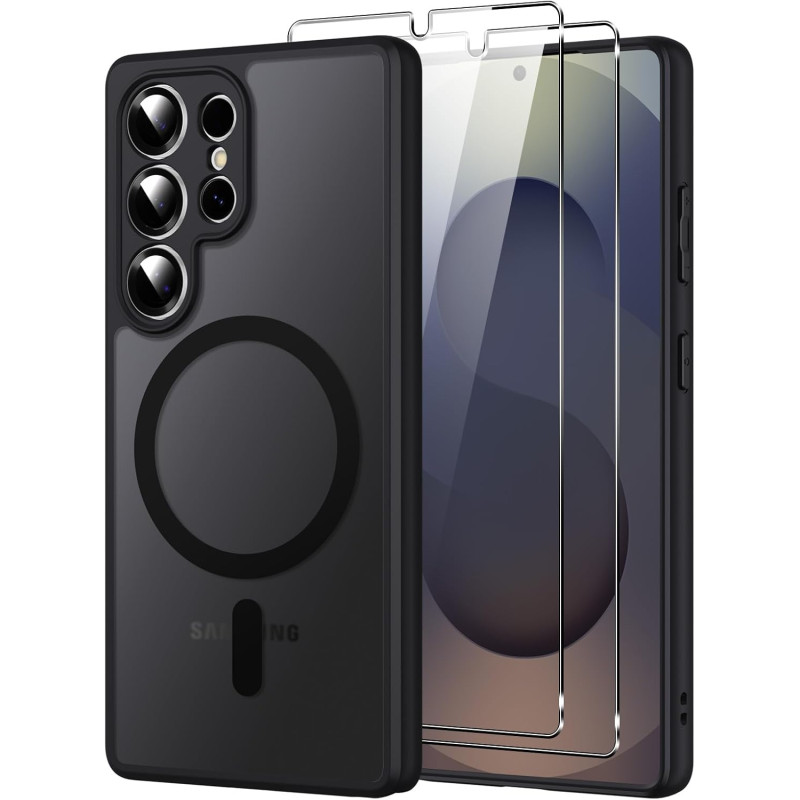 Coque pour Samsung Galaxy S25 Ultra 5G Compatible avec MagSafe avec 2 Verre Trempé, Magnétique Etui Translucide Mat Arrière Hous