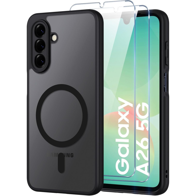 Coque pour Samsung Galaxy A26 5G Compatible avec MagSafe avec 2 Verre Trempé, Magnétique Etui Translucide Mat Arrière Housse, d'