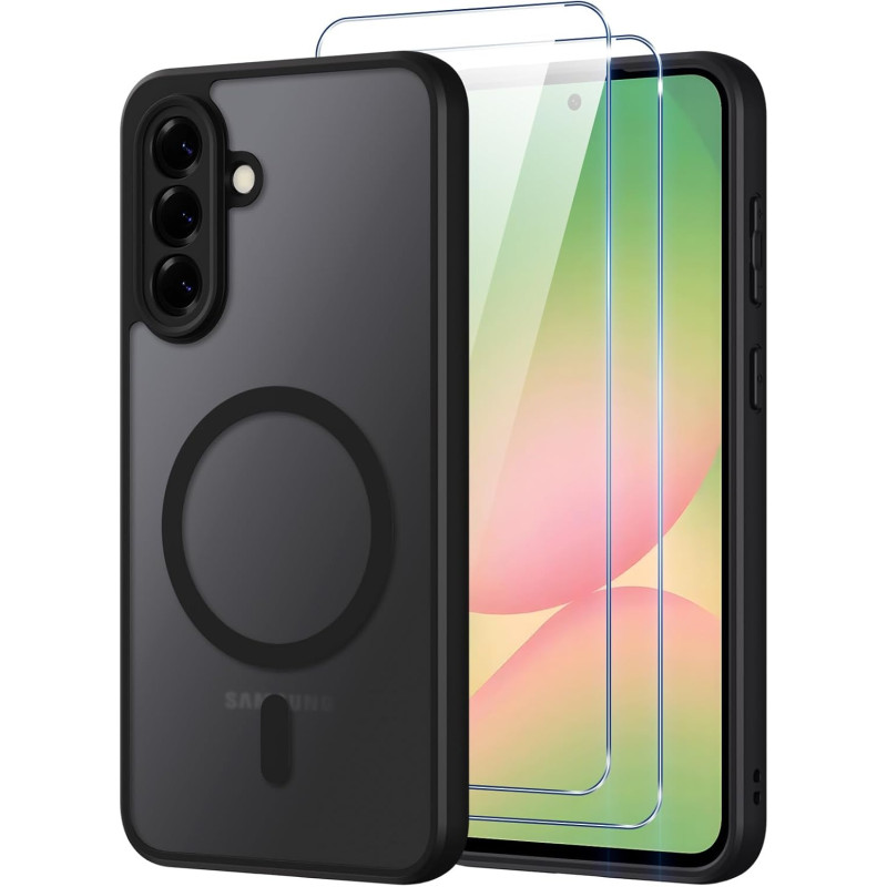 Coque pour Samsung Galaxy A56 5G Compatible avec MagSafe avec 2 Verre Trempé, Magnétique Etui Translucide Mat Arrière Housse, Pr