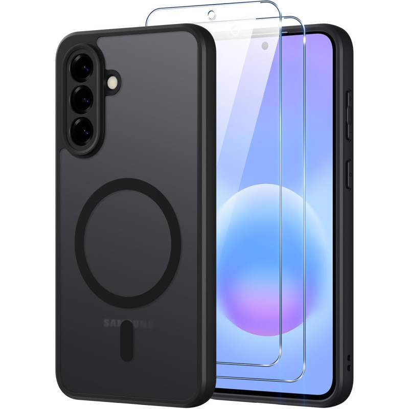 Coque pour Samsung Galaxy A57 5G Compatible avec MagSafe avec 2 Verre Trempé, Magnétique Etui Translucide Mat Arrière Housse, Pr