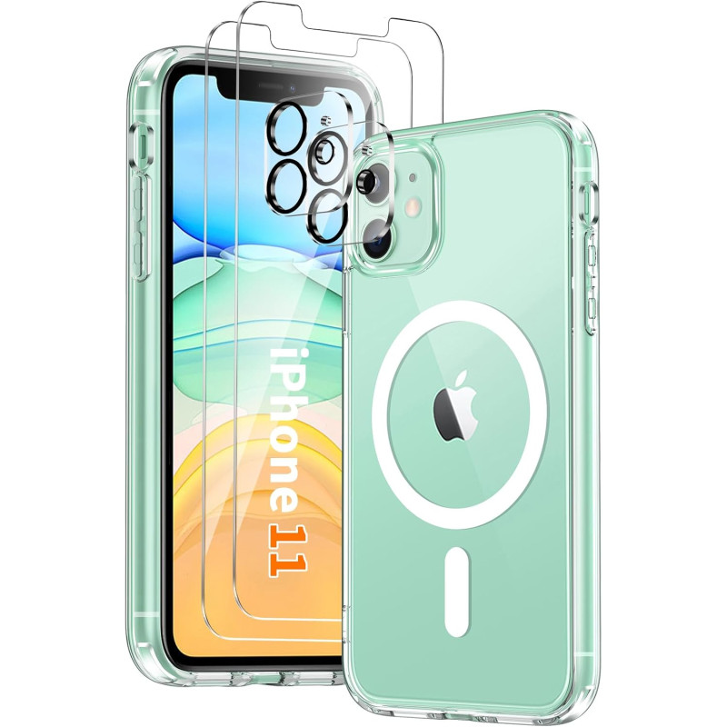 Coque Magnétique pour iPhone 11 avec 2 Verres Trempés et 2 Caméra Protecteur, Compatible avec MagSafe, Étui Aimantée Antichoc An