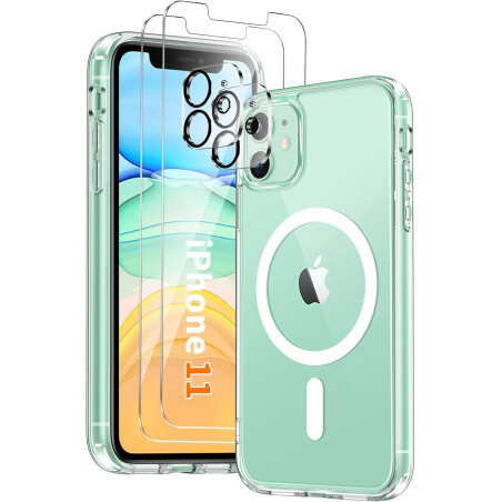 Coque Magnétique pour iPhone 11 avec 2 Verres Trempés et 2 Caméra Protecteur, Compatible avec MagSafe, Étui Aimantée Antichoc An