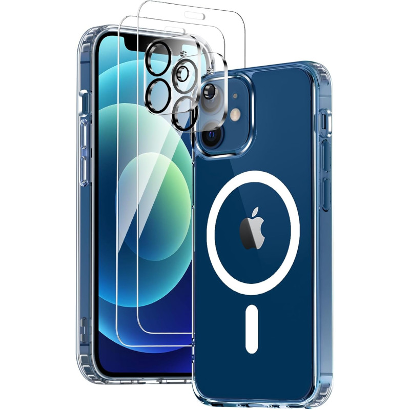 Coque Magnétique pour iPhone 12 Mini avec 2 Verres Trempés et 2 Caméra Protecteur, Compatible avec MagSafe, Étui Aimantée Antich