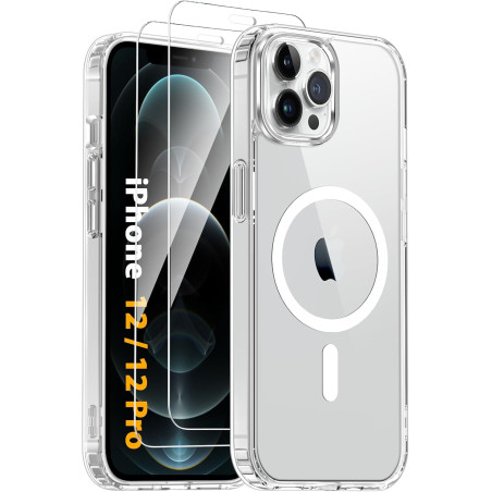 Coque Magnétique pour iPhone 12 et 12 Pro avec 2 Verres Trempés, Compatible avec MagSafe, Étui Aimantée Antichoc Anti-Jaune Anti