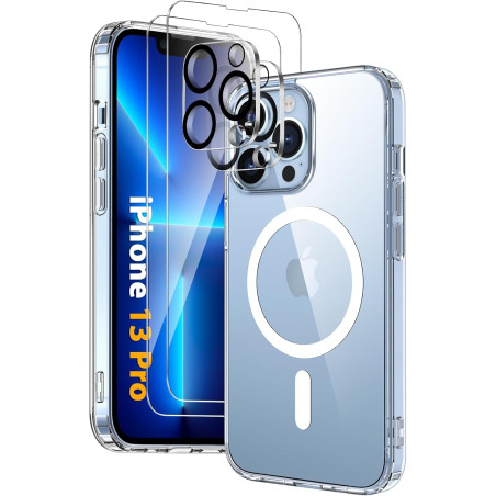 Coque Magnétique pour iPhone 13 Pro avec 2 Verres Trempés et 2 Caméra Protecteur, Compatible avec MagSafe, Étui Aimantée Anticho