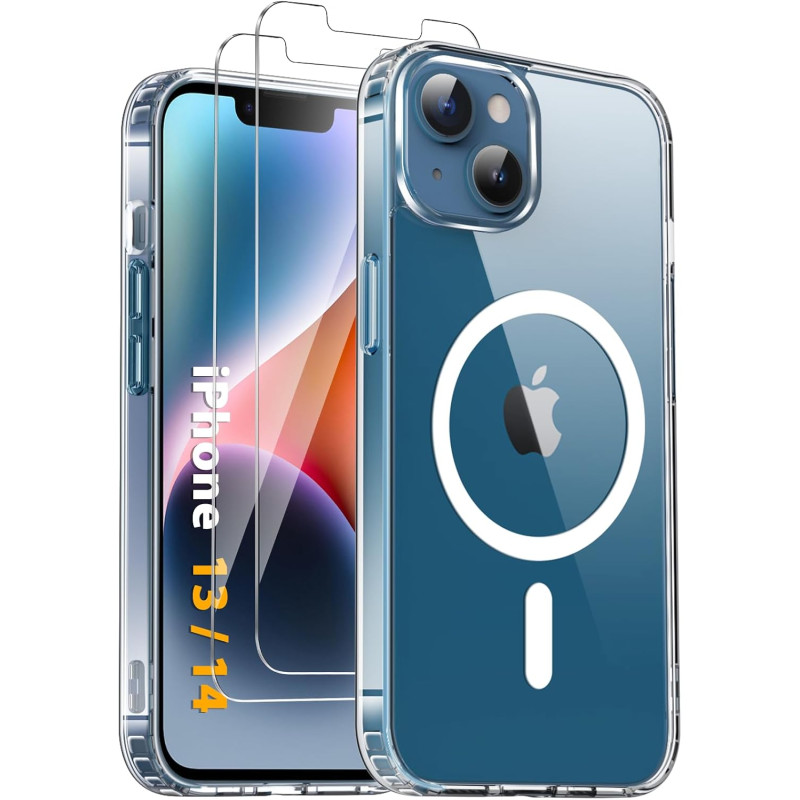 Coque Magnétique pour iPhone 13 et iPhone 14 avec 2 Verres Trempés, Compatible avec MagSafe, Étui Aimantée Antichoc Anti-Jaune A