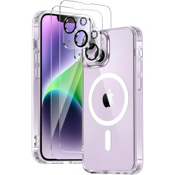 Coque Magnétique pour iPhone 14 avec 2 Verres Trempés et 2 Caméra Protecteur, Compatible avec MagSafe, Étui Aimantée Antichoc An