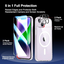 Coque Magnétique pour iPhone 14 avec 2 Verres Trempés et 2 Caméra Protecteur, Compatible avec MagSafe, Étui Aimantée Antichoc An