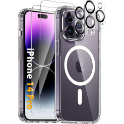 Coque Magnétique pour iPhone 14 Pro avec 2 Verres Trempés et 2 Caméra Protecteur, Compatible avec MagSafe, Étui Aimantée Anticho