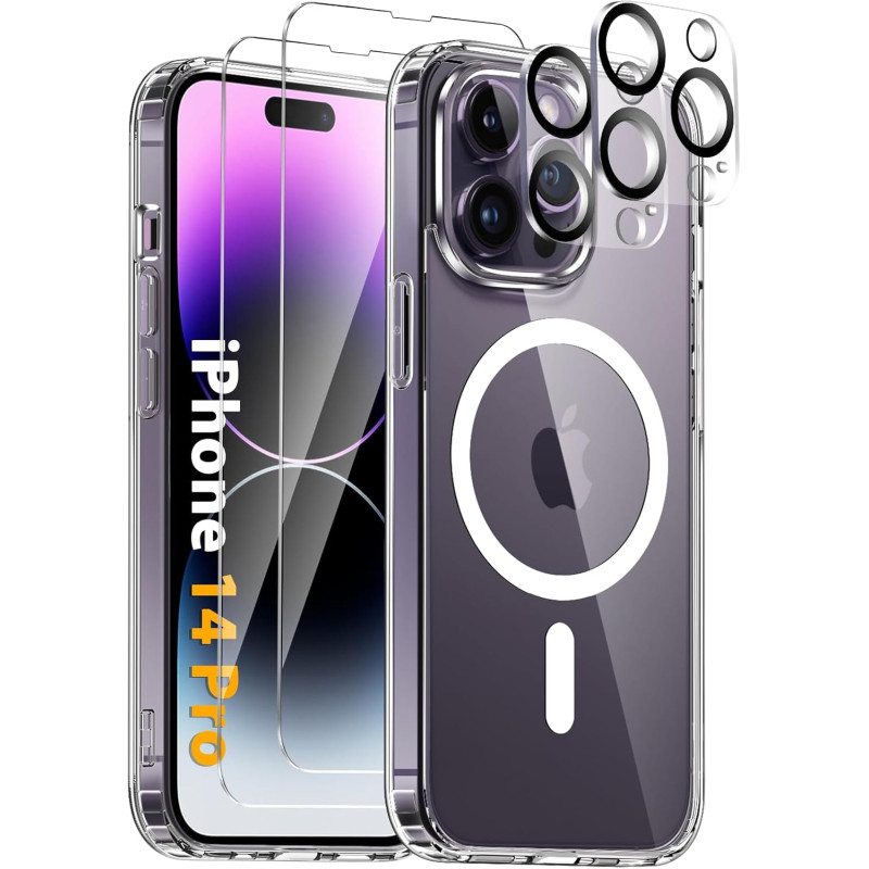Coque Magnétique pour iPhone 14 Pro avec 2 Verres Trempés et 2 Caméra Protecteur, Compatible avec MagSafe, Étui Aimantée Anticho
