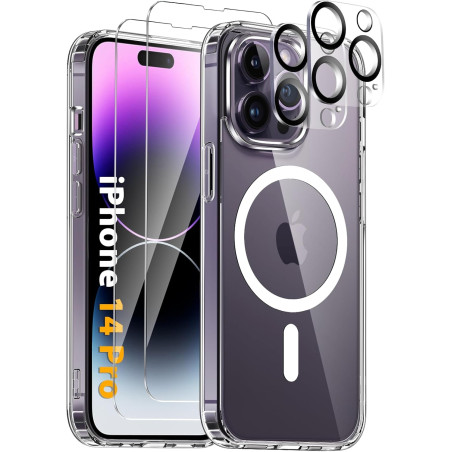 Coque Magnétique pour iPhone 14 Pro avec 2 Verres Trempés et 2 Caméra Protecteur, Compatible avec MagSafe, Étui Aimantée Anticho