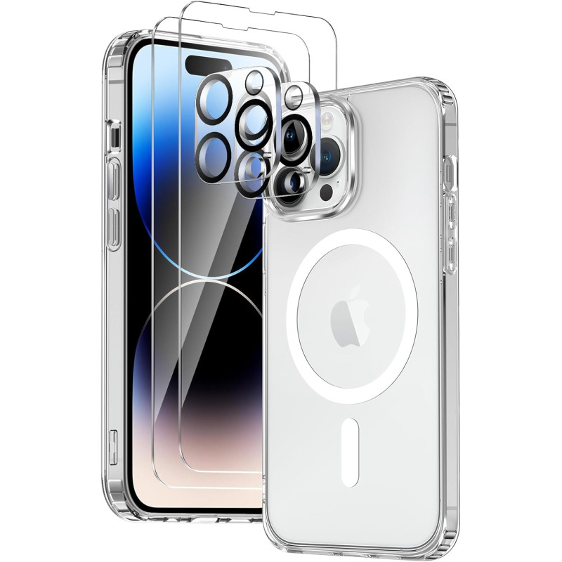 Coque Magnétique pour iPhone 14 Pro Max avec 2 Verres Trempés et 2 Caméra Protecteur, Compatible avec MagSafe, Étui Aimantée Ant