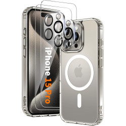 Coque Magnétique pour iPhone 15 Pro avec 2 Verres Trempés et 2 Caméra Protecteur, Compatible avec Mag Safe, Étui Aimantée Antich