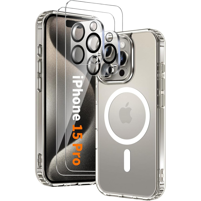 Coque Magnétique pour iPhone 15 Pro avec 2 Verres Trempés et 2 Caméra Protecteur, Compatible avec Mag Safe, Étui Aimantée Antich