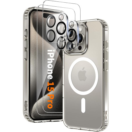 Coque Magnétique pour iPhone 15 Pro avec 2 Verres Trempés et 2 Caméra Protecteur, Compatible avec Mag Safe, Étui Aimantée Antich