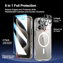 Coque Magnétique pour iPhone 15 Pro avec 2 Verres Trempés et 2 Caméra Protecteur, Compatible avec Mag Safe, Étui Aimantée Antich