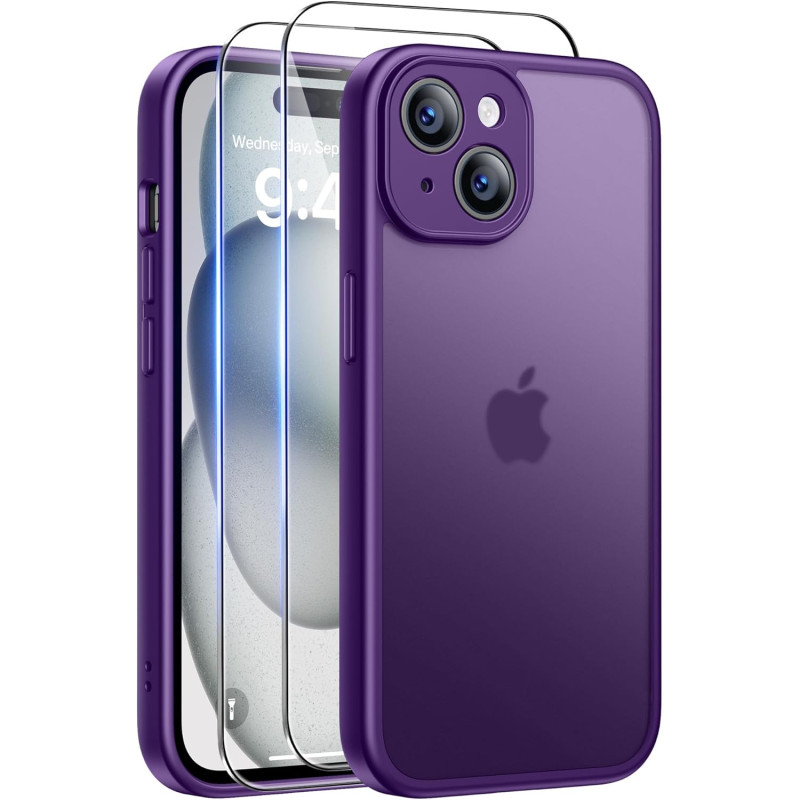 FLLAO Coque pour iPhone 15 avec 2 Pièces de Verre Trempé, Militaire Étui de Mince Bumper Housse, Silicone en Gel TPU Souple Comp