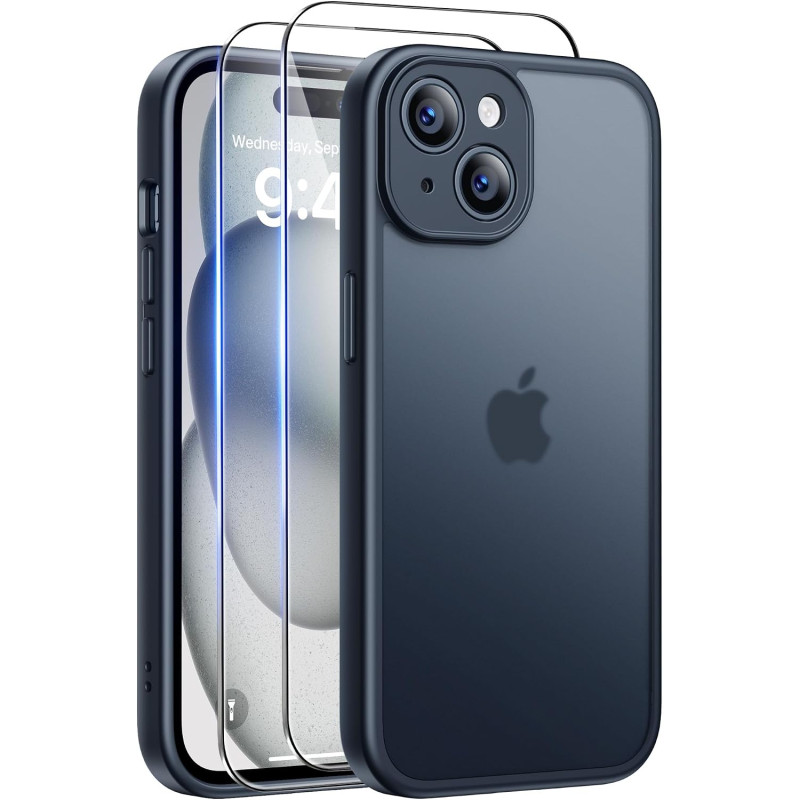 FLLAO Coque pour iPhone 15 avec 2 Pièces de Verre Trempé, Militaire Étui de Mince Bumper Housse, Silicone en Gel TPU Souple Comp