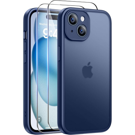 FLLAO Coque pour iPhone 15 avec 2 Pièces de Verre Trempé, Militaire Étui de Mince Bumper Housse, Silicone en Gel TPU Souple Comp