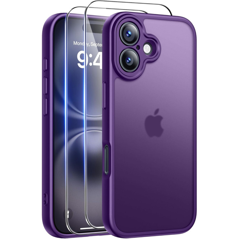 FLLAO Coque pour iPhone 16 avec 2 Pièces de Verre Trempé, Militaire Étui de Mince Bumper Housse, Silicone en Gel TPU Souple Comp