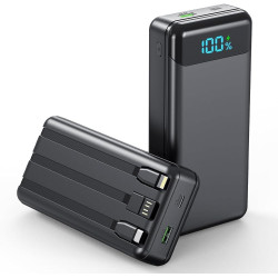 Enerwow Batterie Externe, 27000mAh Power Bank Charge Rapide Portable USB C Batterie avec 3 Câbles Intégrés, Powerbank avec Affic