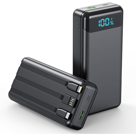 Enerwow Batterie Externe, 27000mAh Power Bank Charge Rapide Portable USB C Batterie avec 3 Câbles Intégrés, Powerbank avec Affic