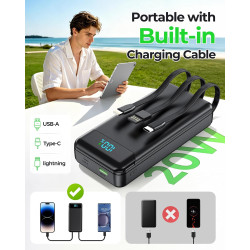 Enerwow Batterie Externe, 27000mAh Power Bank Charge Rapide Portable USB C Batterie avec 3 Câbles Intégrés, Powerbank avec Affic