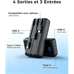 Enerwow Batterie Externe, 27000mAh Power Bank Charge Rapide Portable USB C Batterie avec 3 Câbles Intégrés, Powerbank avec Affic