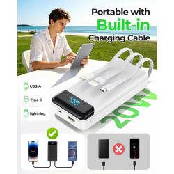 Enerwow Batterie Externe, 27000mAh Power Bank Charge Rapide Portable USB C Batterie avec 3 Câbles Intégrés, Powerbank avec Affic