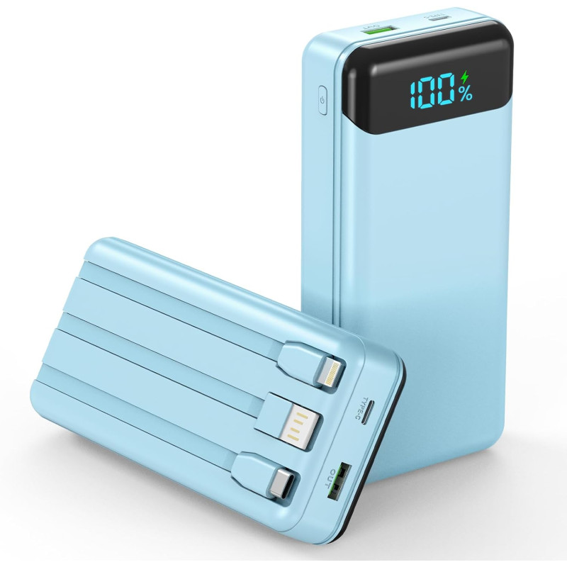 Enerwow Batterie Externe, 27000mAh Power Bank Charge Rapide Portable USB C Batterie avec 3 Câbles Intégrés, Powerbank avec Affic