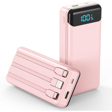Enerwow Batterie Externe, 27000mAh Power Bank Charge Rapide Portable USB C Batterie avec 3 Câbles Intégrés, Powerbank avec Affic