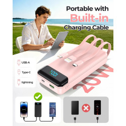 Enerwow Batterie Externe, 27000mAh Power Bank Charge Rapide Portable USB C Batterie avec 3 Câbles Intégrés, Powerbank avec Affic