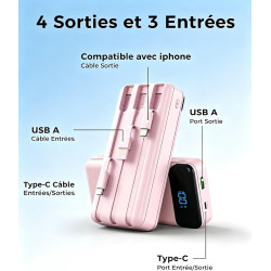 Enerwow Batterie Externe, 27000mAh Power Bank Charge Rapide Portable USB C Batterie avec 3 Câbles Intégrés, Powerbank avec Affic