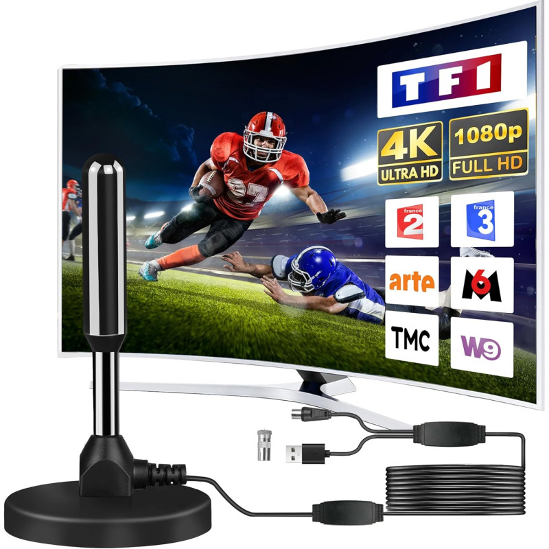 Antenne TV IntéRieur Puissante, Nouveau pour 2026 Antenne TNT IntéRieur Puissante, CâBle Coaxial De 5m, RéCeption Longue Distanc