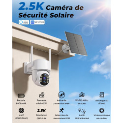 WESECUU Camera Surveillance WiFi Exterieure sans Fil Solaire 2.5K 4MP avec Panneau Solaire 5W, 2K QHD, Batterie 8000mAh, 2.4G et