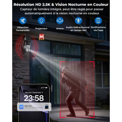 WESECUU Camera Surveillance WiFi Exterieure sans Fil Solaire 2.5K 4MP avec Panneau Solaire 5W, 2K QHD, Batterie 8000mAh, 2.4G et
