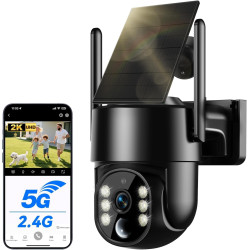 Camera Surveillance WiFi Exterieure sans Fil Solaire 2.5K 4MP avec Panneau Solaire 5W, 2K QHD, Batterie 8000mAh, 2.4G et 5GHz Wi