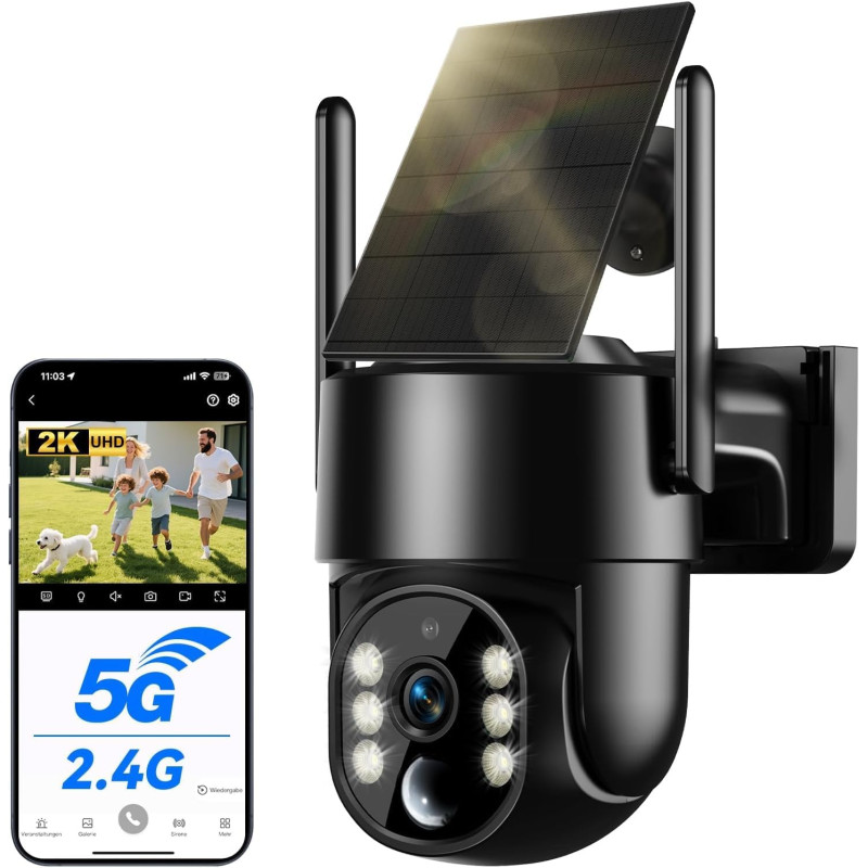 Camera Surveillance WiFi Exterieure sans Fil Solaire 2.5K 4MP avec Panneau Solaire 5W, 2K QHD, Batterie 8000mAh, 2.4G et 5GHz Wi