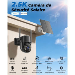 Camera Surveillance WiFi Exterieure sans Fil Solaire 2.5K 4MP avec Panneau Solaire 5W, 2K QHD, Batterie 8000mAh, 2.4G et 5GHz Wi